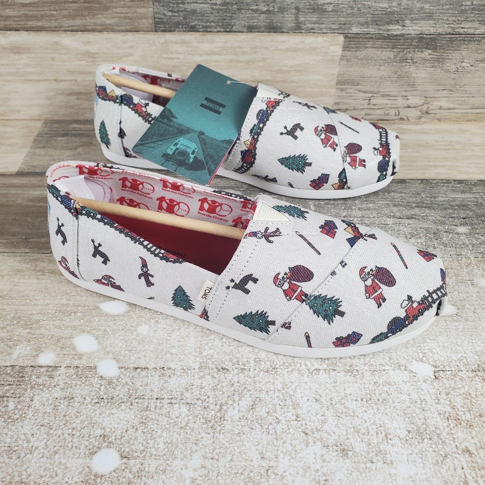 Toms Alpargata Womens Flat Shoes Sz 6 White Save The Children Santa Train Canvas